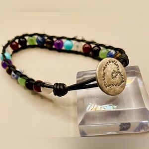 La Rocks sterling silver heart clasp black leather multi stone bead bracelet